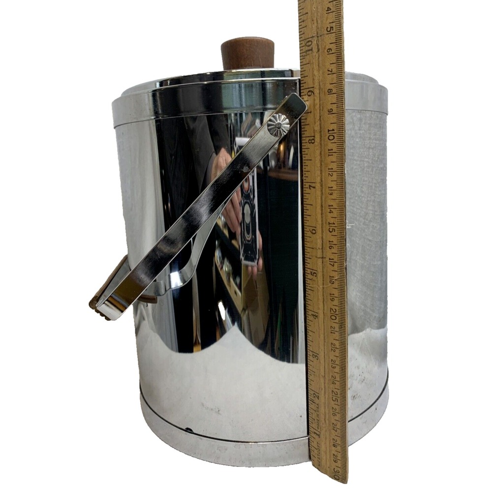 Kromex Ice Bucket Chrome Barware MCM USA w/ box wood accent handles Vint. Large